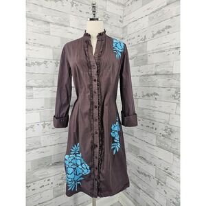 Almatrichi Womens 44 US 14 Brown Button Down Shirtdress Embroidered Ruffled